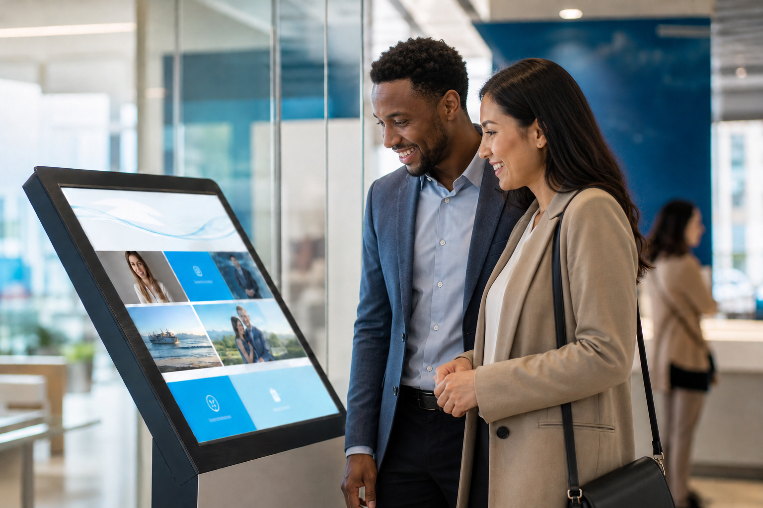 Diverse Couple Checking Promotions At Modern Bank Branch