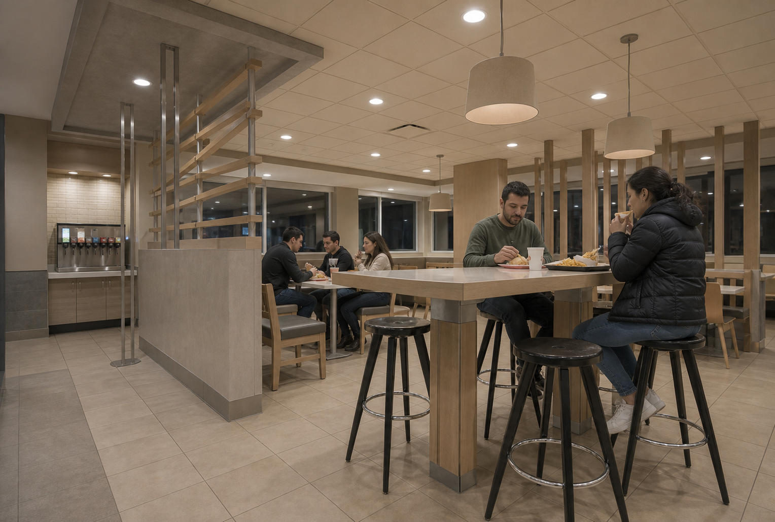 Fast Food Restaurant Interior in Muted Beige and Gray tones
