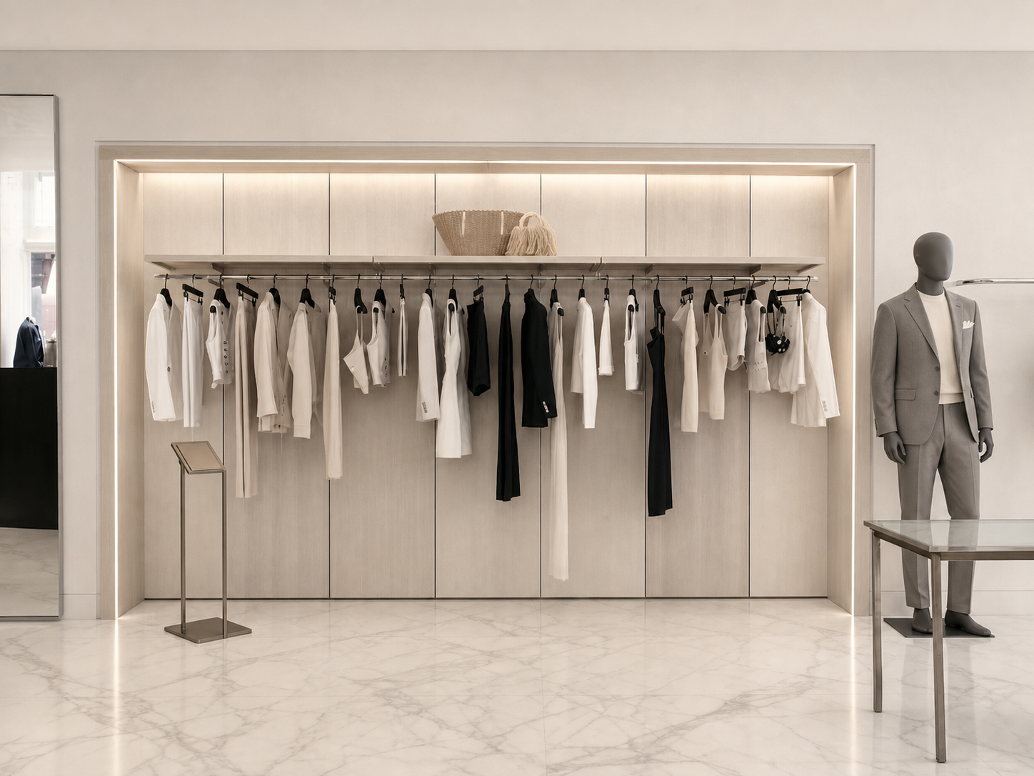 Gray Mannequin with Book Stand on White Marble Floor