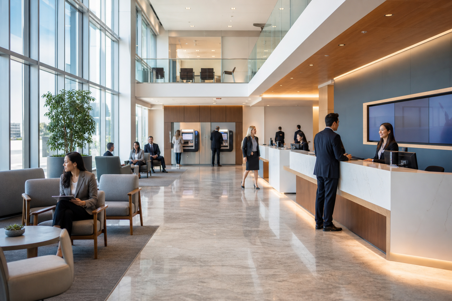 High Tech Bank Branch with Digital Screens and Tellers