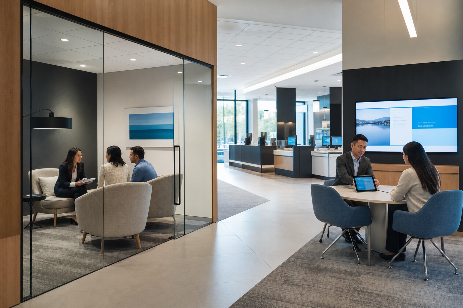 Modern Bank Branch With Comfortable Consultation Areas
