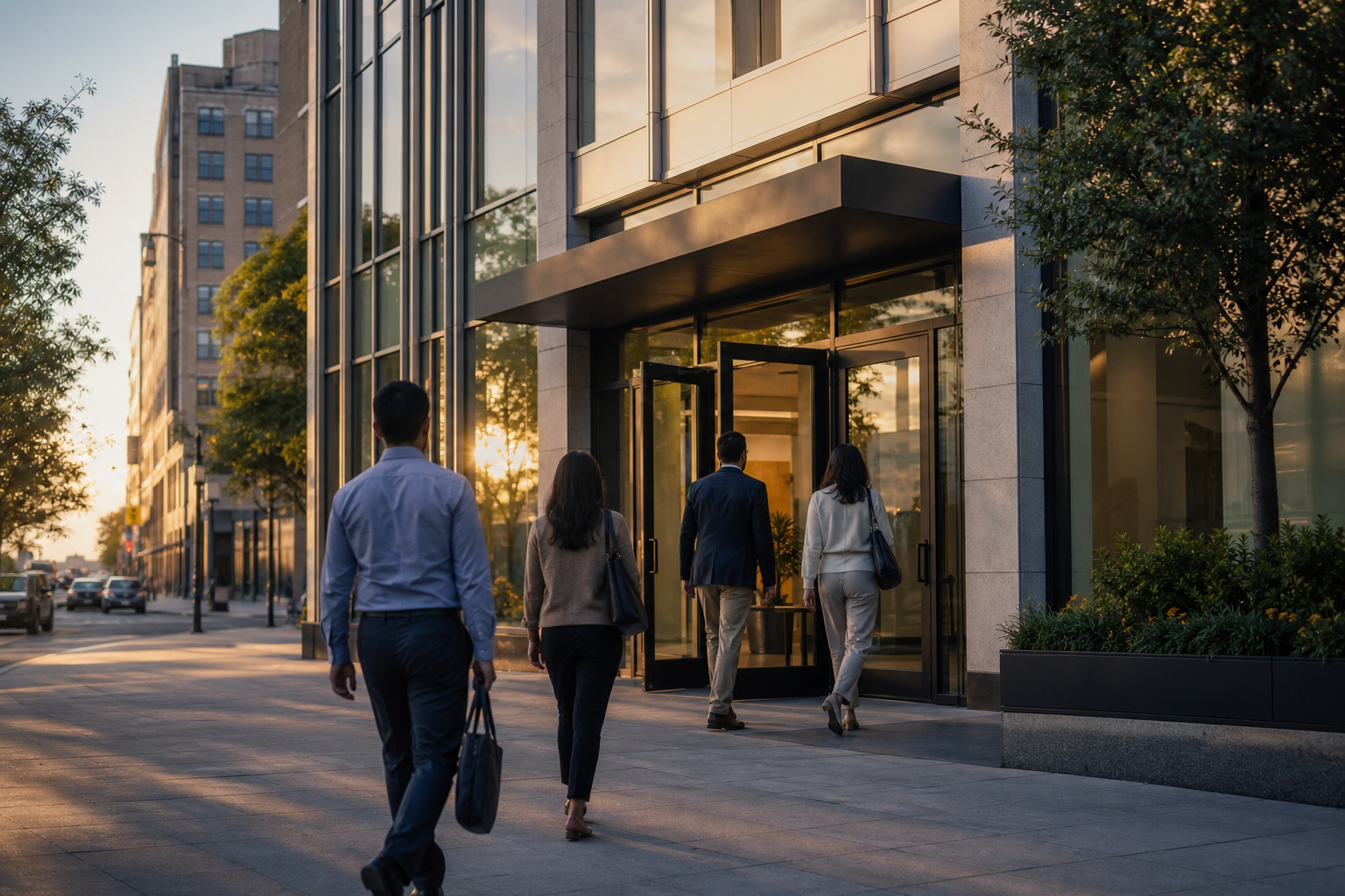 Modern Bank Building at Sunset