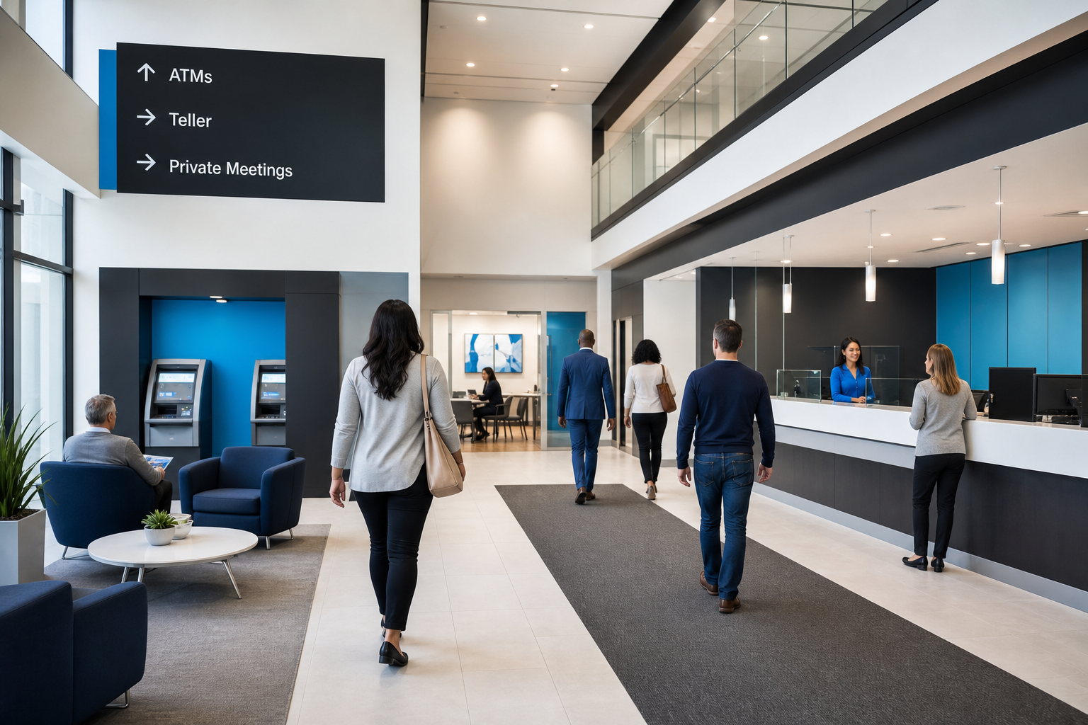Modern Bank Interior With Friendly Tellers
