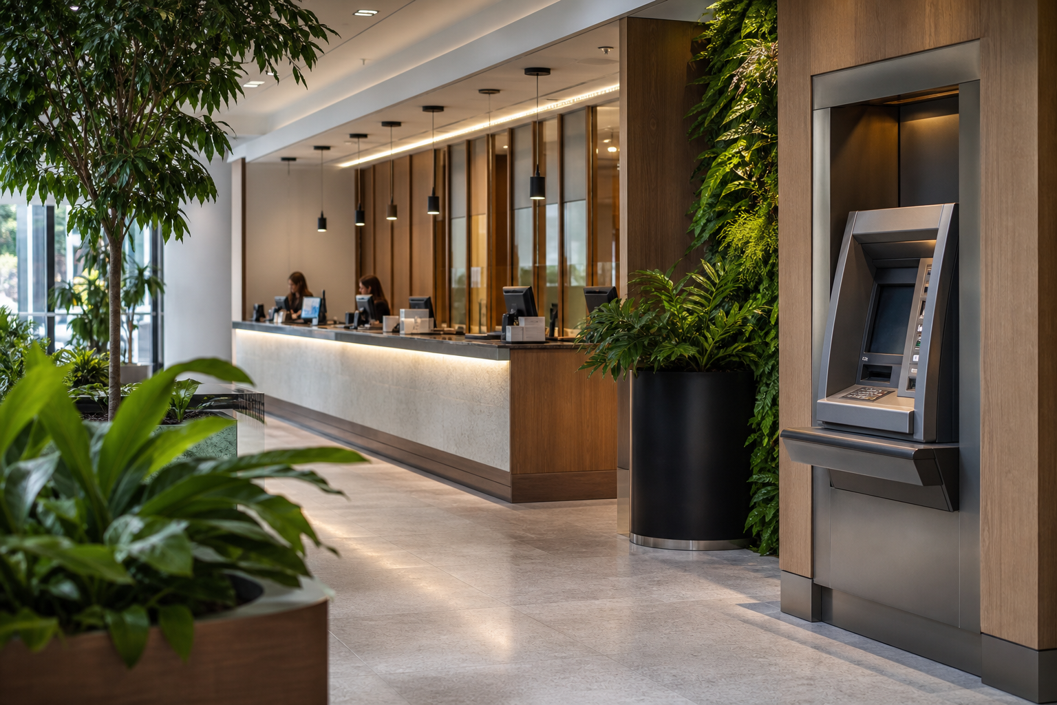 Modern Bank Interior with Greenery and Plants