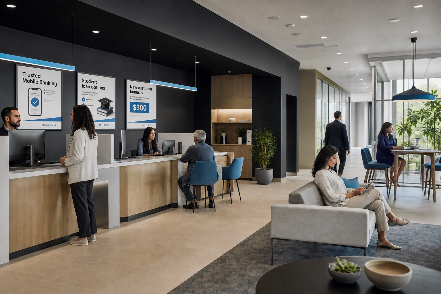 Modern Bank With Mobile Banking And Student Loan Posters