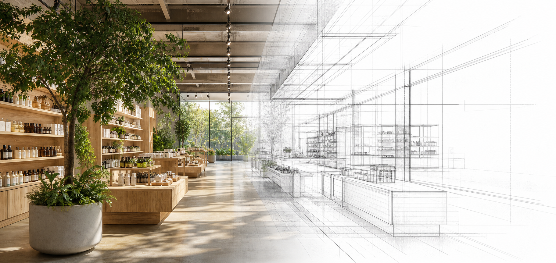 Modern Natural Wood Retail Store Fading into Architectural Drawing