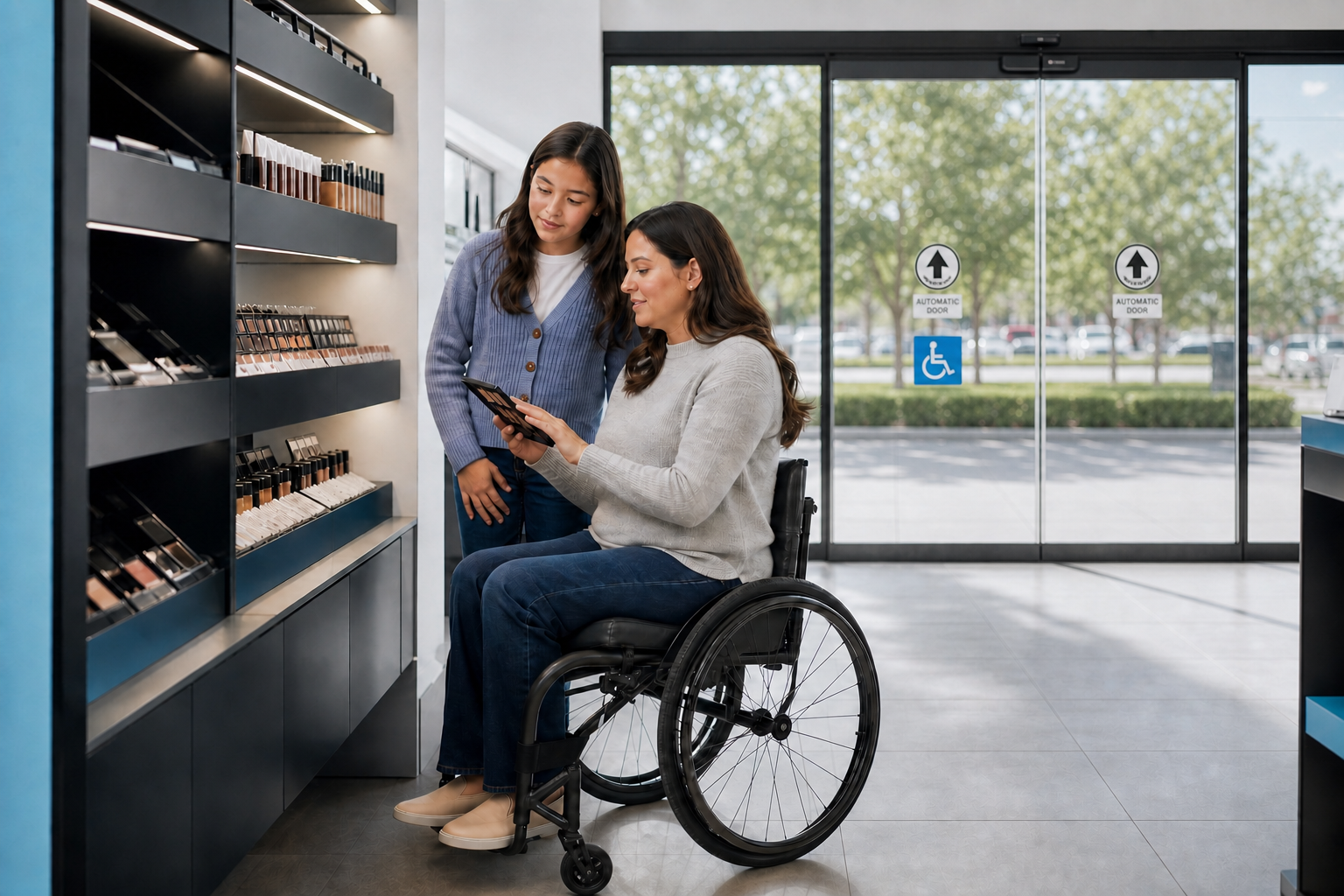 Mother And Daughter In Single Floor Store With ADA Signage