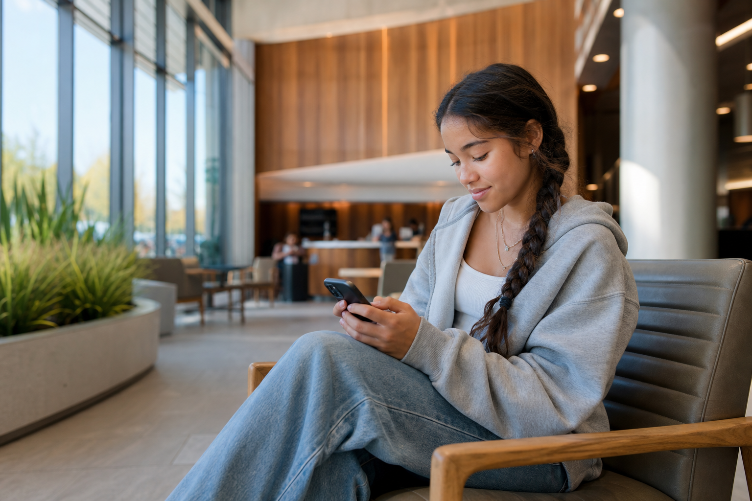 Teen Girl Banking in Modern Lobby with Greenery and Wood Textures