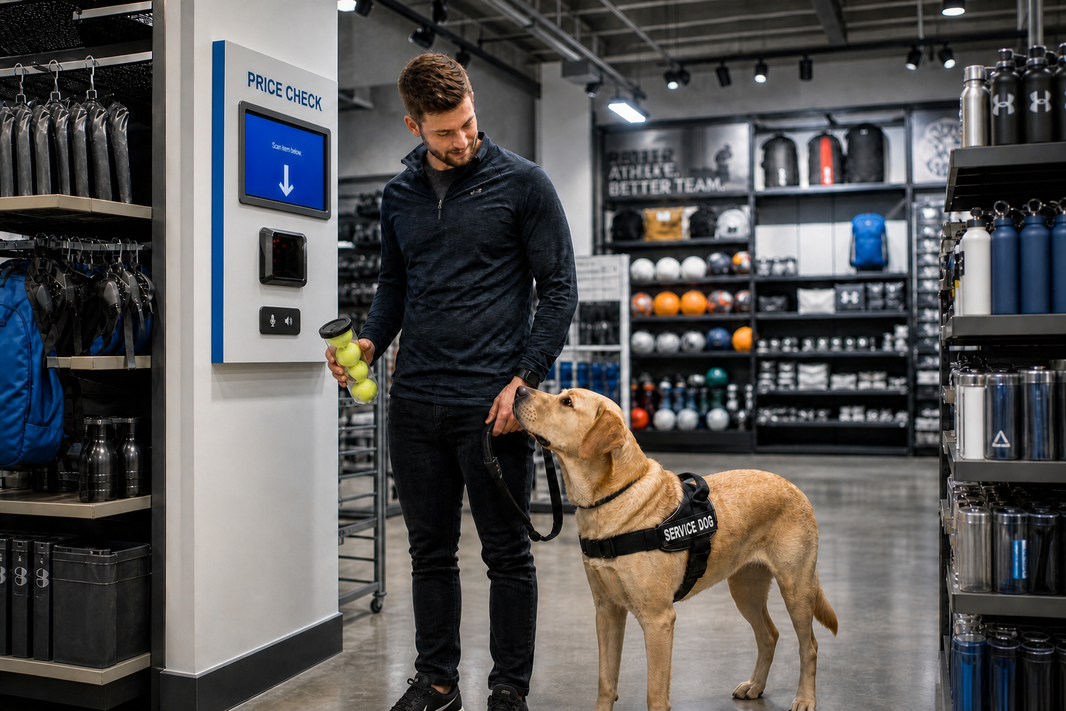 Young Man Scanning Tennis Balls In Futuristic Store-1