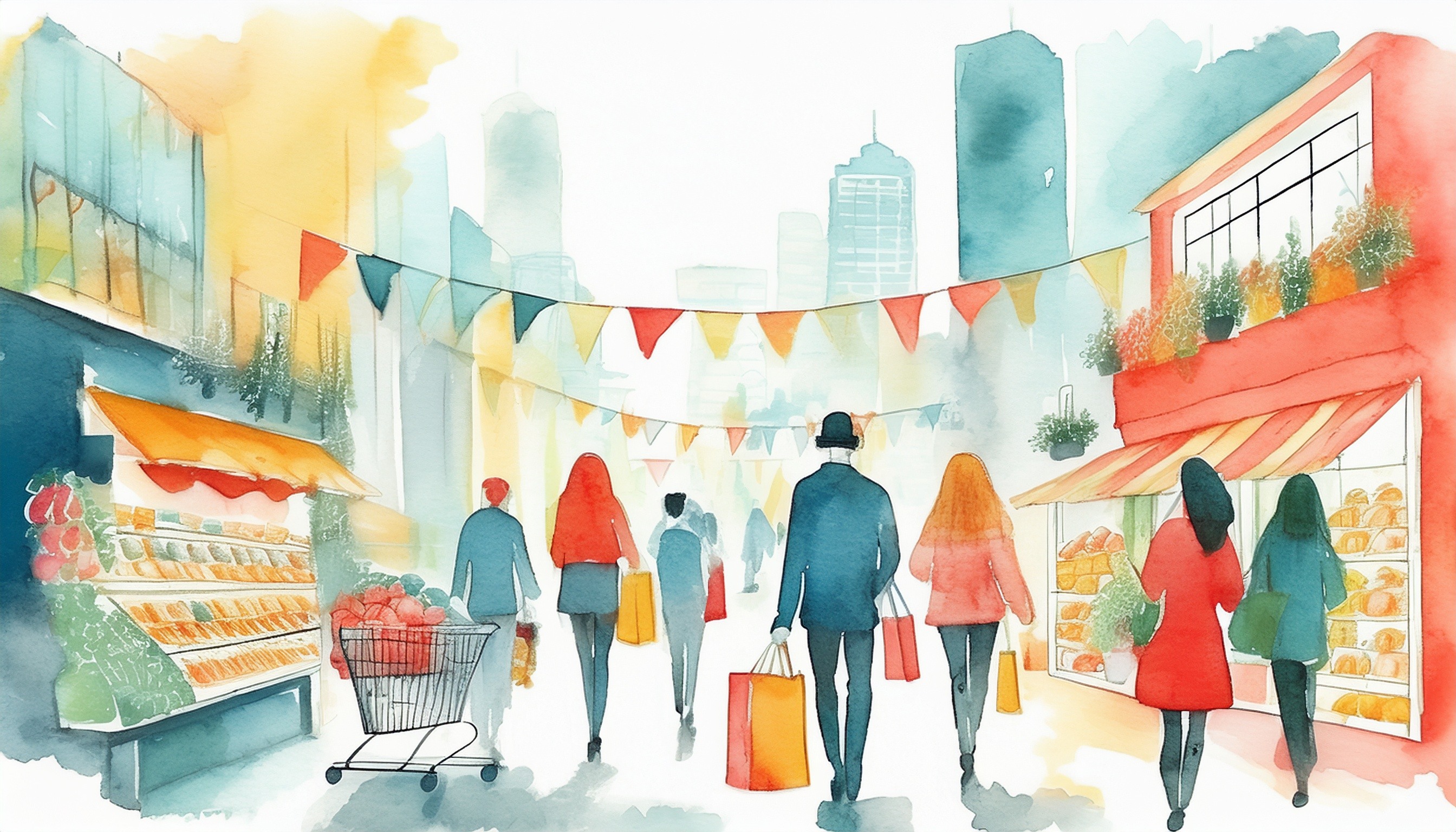 Customers shopping in town illustration watercolor