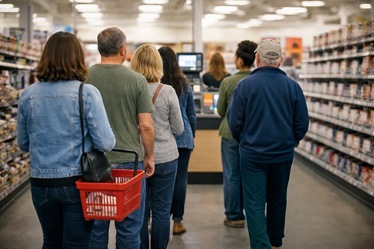 Customers crowded long line at checkout retail shopping