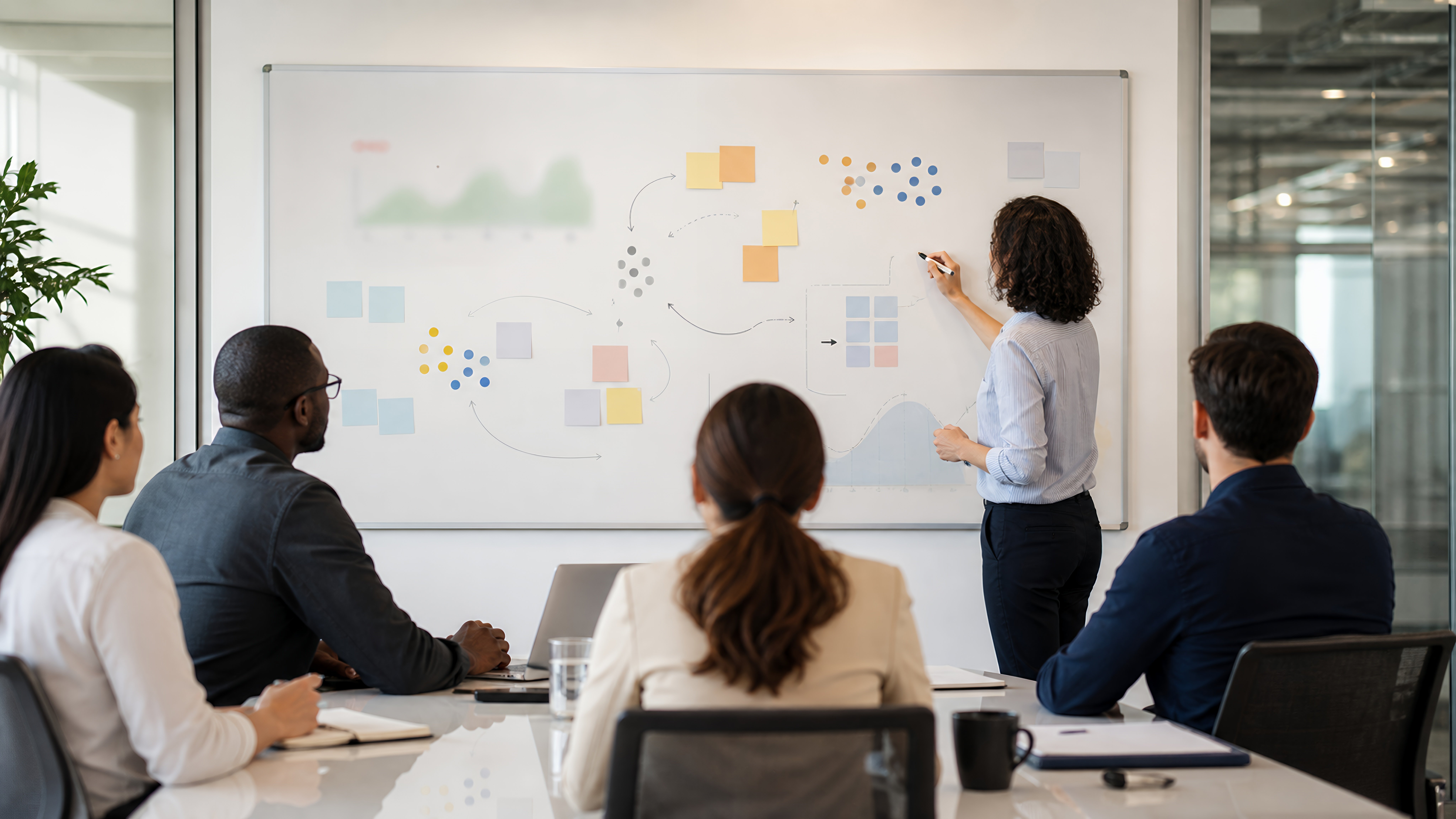 Business Team Watching Abstract KPI Whiteboard Review