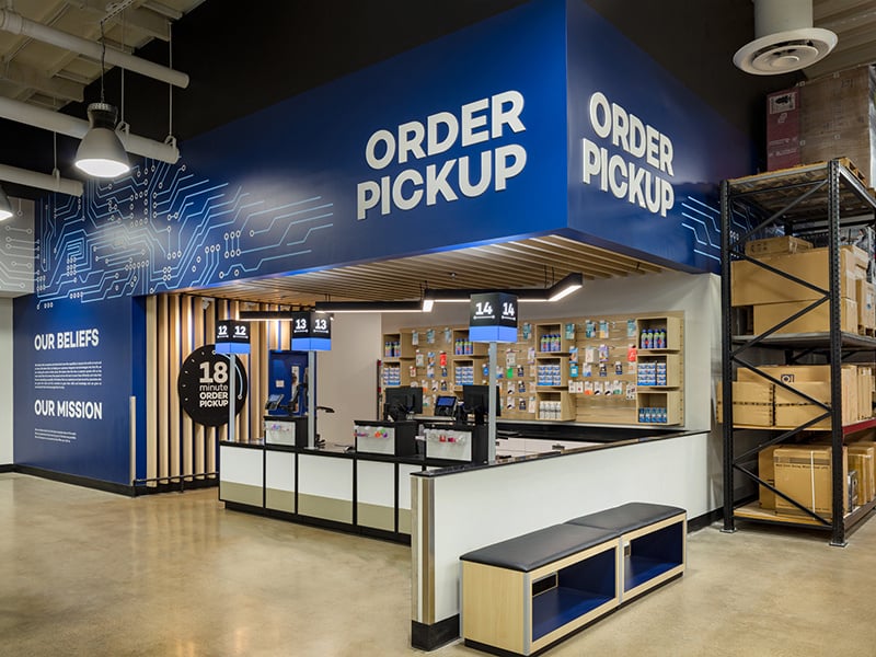 Micro center order pickup branded environments