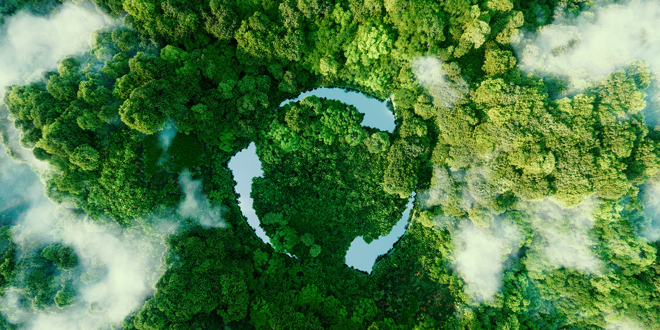 Abstract icon representing the ecological call to recycle and reuse in the form of a pond with a recycling symbol in the middle of a beautiful untouched jungle