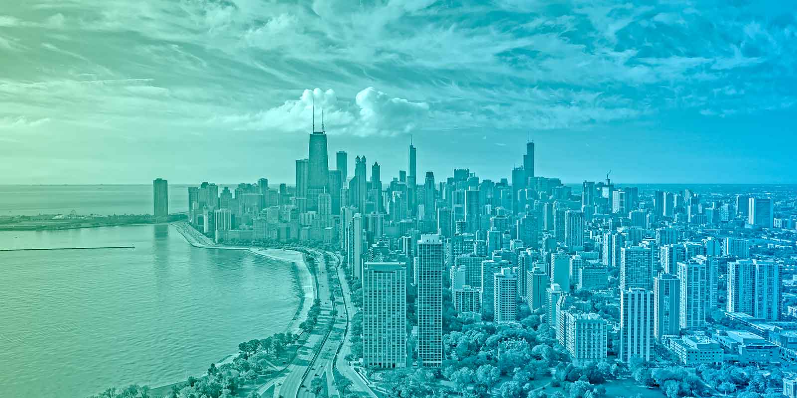Chicago with a blue-green overlay