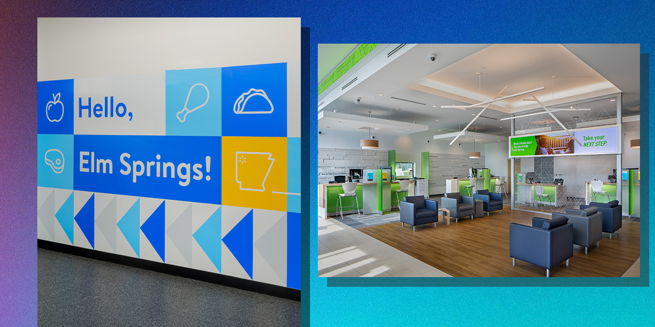 Branded environments Walmarts swipe up program wall decal and interior shot of regions bank lobby