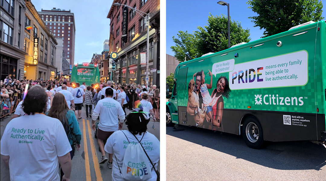 A mobile banking vehicle with custom signage 