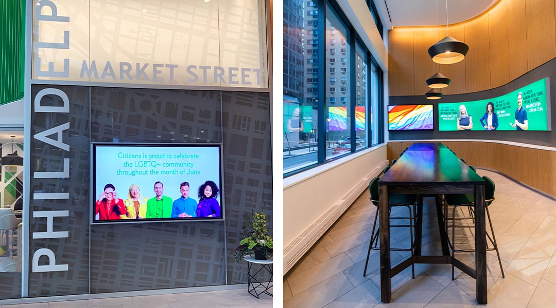 A digital screen featuring content that we created is paired with a custom engineered curved frame that holds a backlit fabric graphic A digital screen featuring content that we created is paired with a custom engineered curved frame that holds a backlit fabric graphic