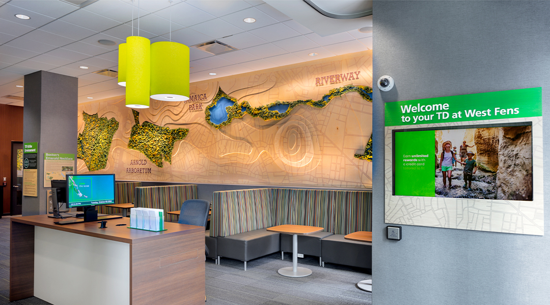 sustainably made bank design with digital signage and seating